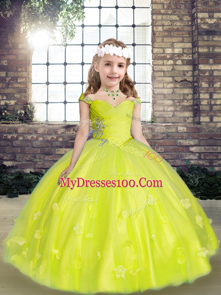 Simple Ball Gowns Little Girls Pageant Gowns Yellow Green Straps Tulle Sleeveless Floor Length Lace Up