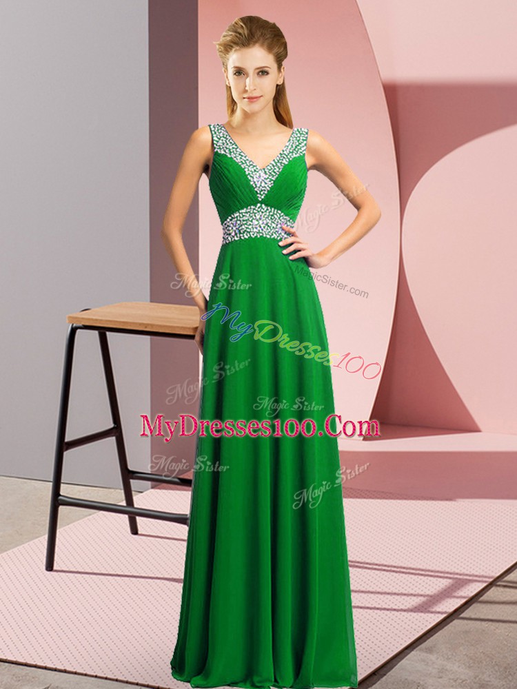 Custom Design Beading Prom Evening Gown Green Lace Up Sleeveless Floor Length