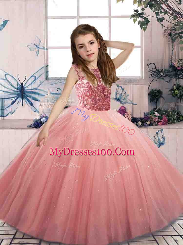 Watermelon Red Sleeveless Floor Length Beading Lace Up Little Girl Pageant Gowns