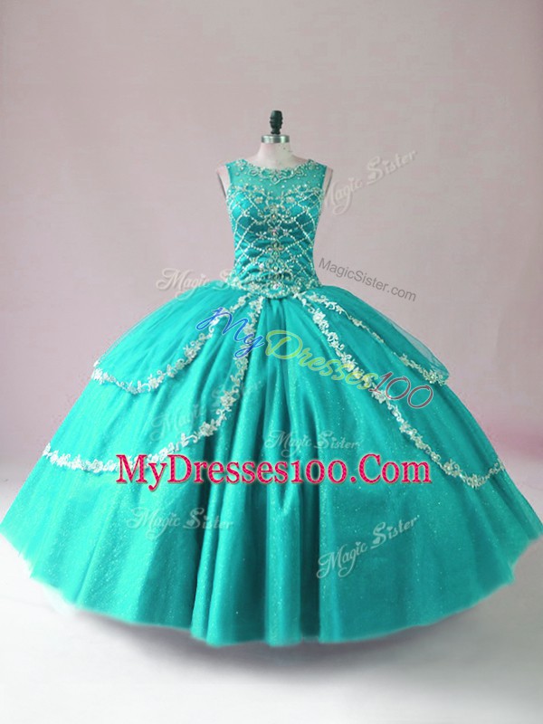 Fabulous Turquoise Zipper Scoop Beading Quinceanera Dresses Tulle Sleeveless