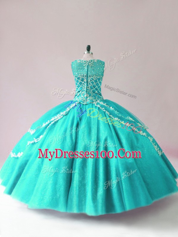 Fabulous Turquoise Zipper Scoop Beading Quinceanera Dresses Tulle Sleeveless