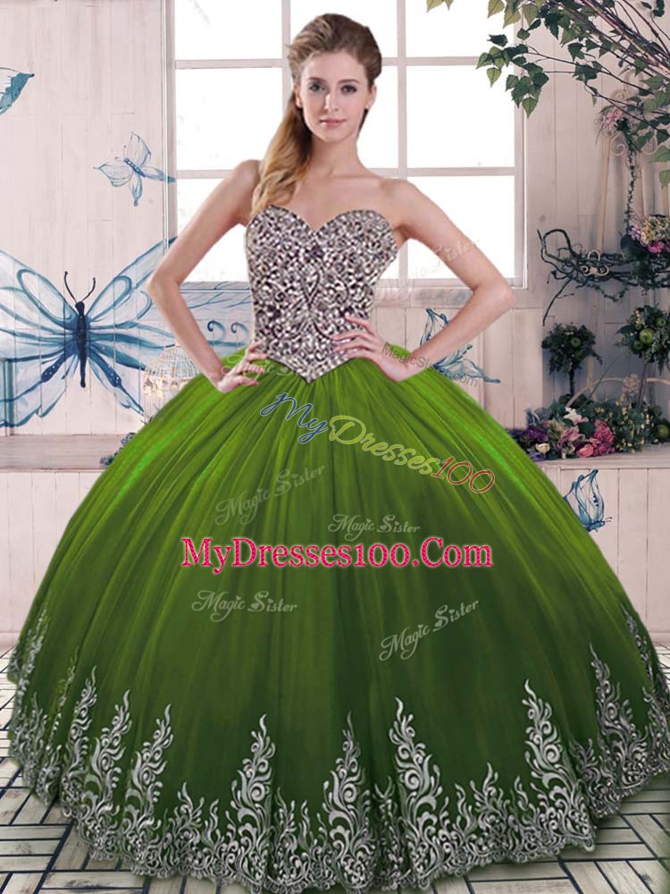 Vintage Olive Green Tulle Lace Up Sweetheart Sleeveless Floor Length Quinceanera Dresses Beading and Embroidery