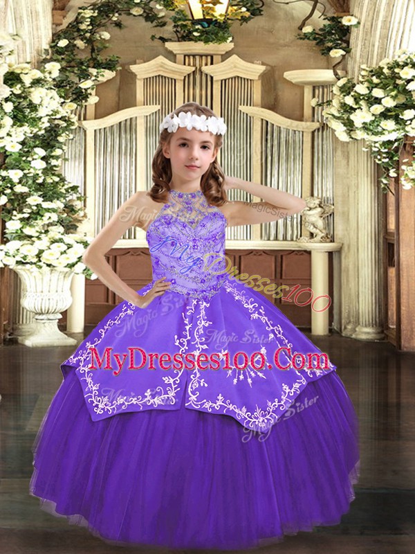 Best Purple Girls Pageant Dresses Party and Wedding Party with Beading and Embroidery Halter Top Sleeveless Lace Up