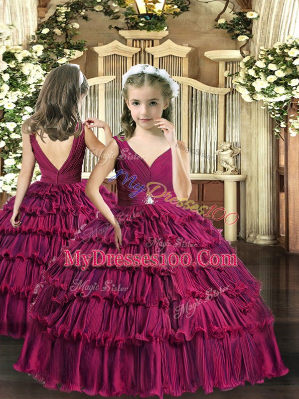 Eye-catching Fuchsia Sleeveless Beading and Ruffled Layers Floor Length Girls Pageant Dresses