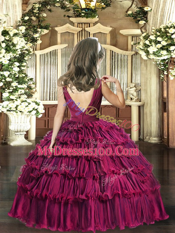 Eye-catching Fuchsia Sleeveless Beading and Ruffled Layers Floor Length Girls Pageant Dresses