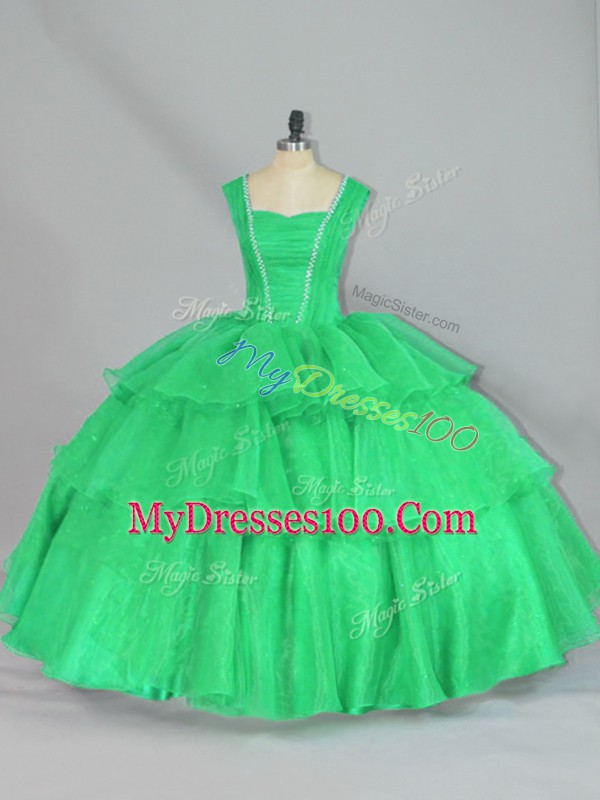 Turquoise Sleeveless Floor Length Beading and Ruffled Layers and Ruching Lace Up Quinceanera Dress