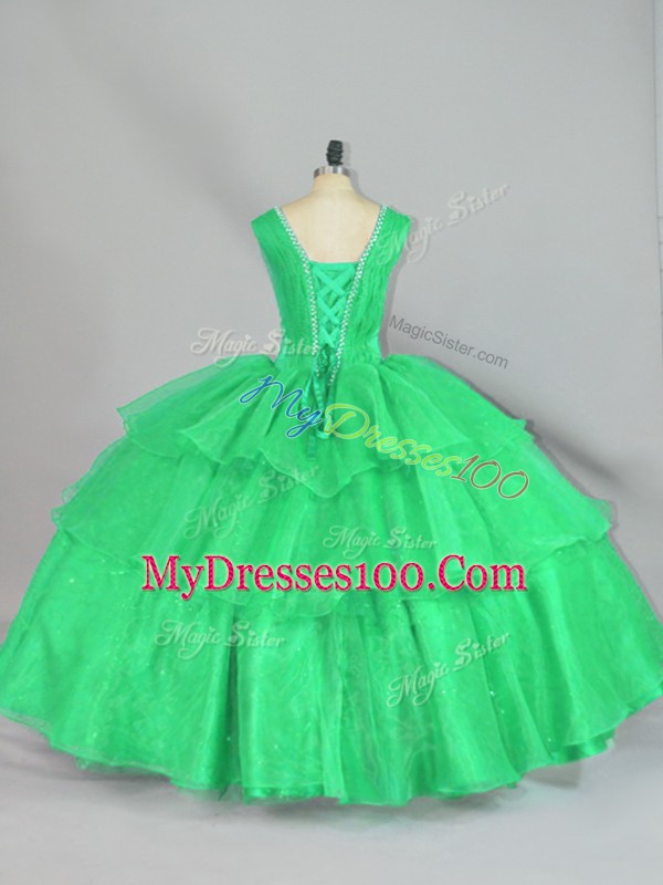 Turquoise Sleeveless Floor Length Beading and Ruffled Layers and Ruching Lace Up Quinceanera Dress