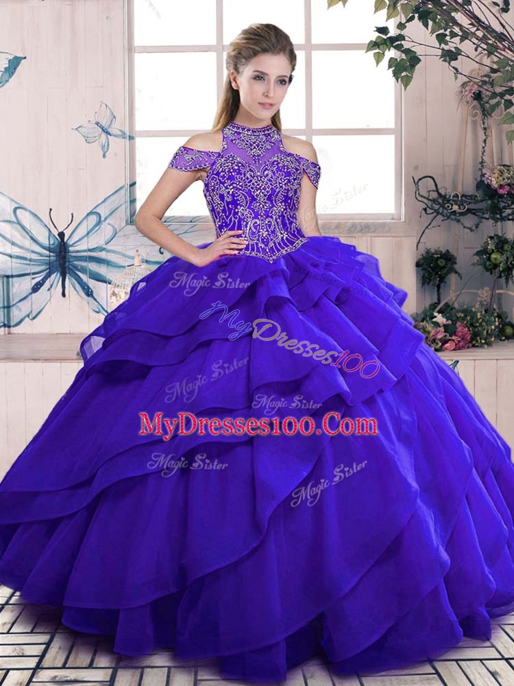 Suitable Blue Ball Gowns High-neck Sleeveless Organza Floor Length Lace Up Beading and Ruffles Quinceanera Gowns
