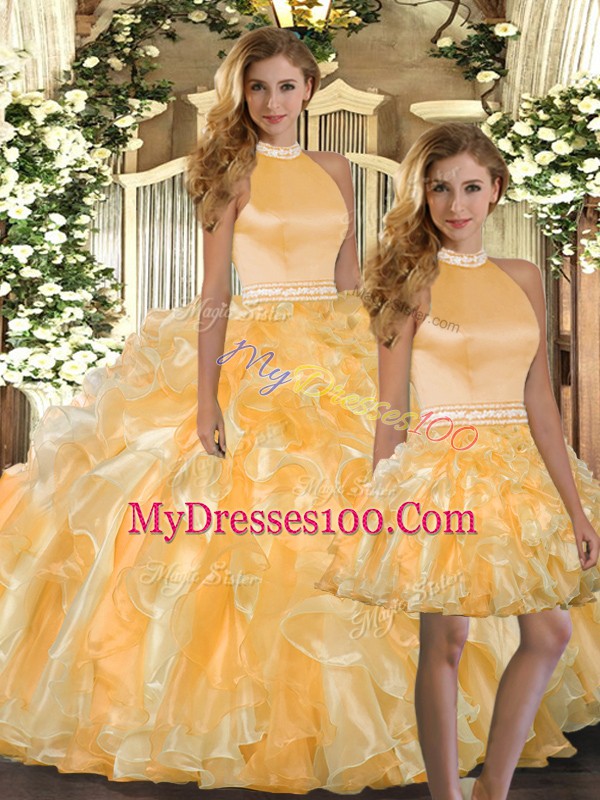 Organza Sleeveless Floor Length Quinceanera Gown and Beading and Ruffles