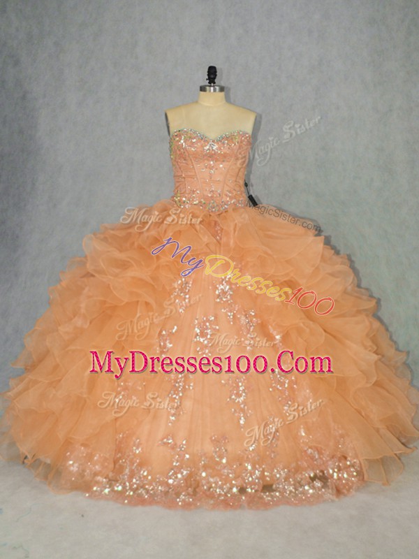 Perfect Orange Ball Gowns Sweetheart Sleeveless Organza Lace Up Beading and Ruffles Quinceanera Gowns