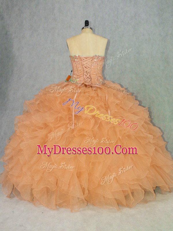 Perfect Orange Ball Gowns Sweetheart Sleeveless Organza Lace Up Beading and Ruffles Quinceanera Gowns