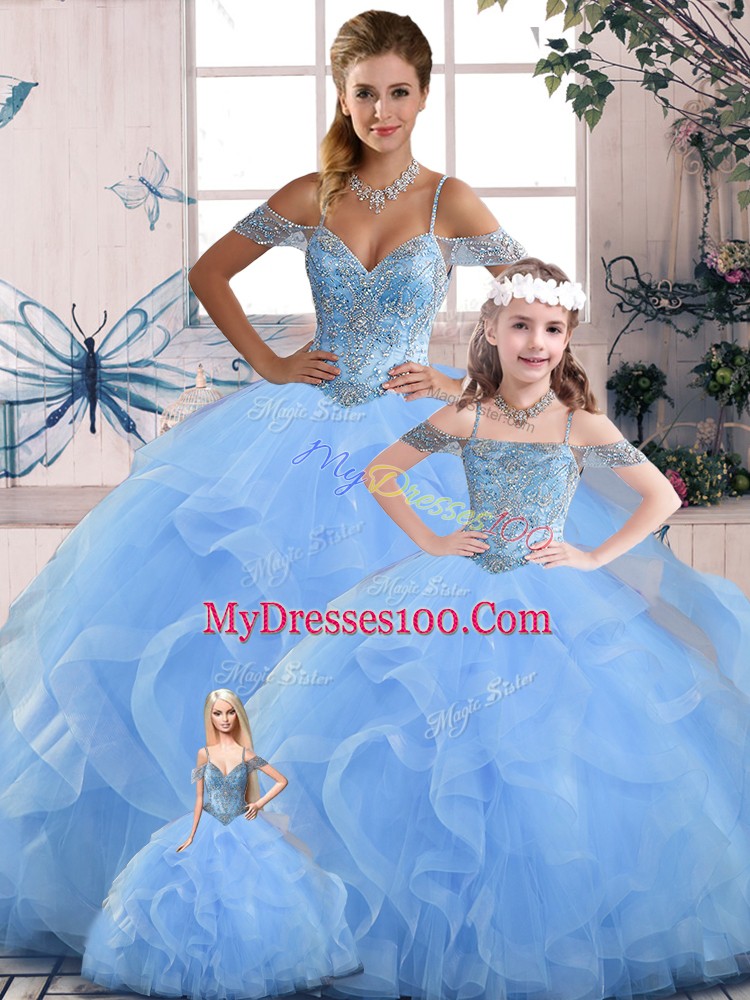 Blue 15th Birthday Dress Sweet 16 and Quinceanera with Beading and Ruffles Off The Shoulder Sleeveless Lace Up