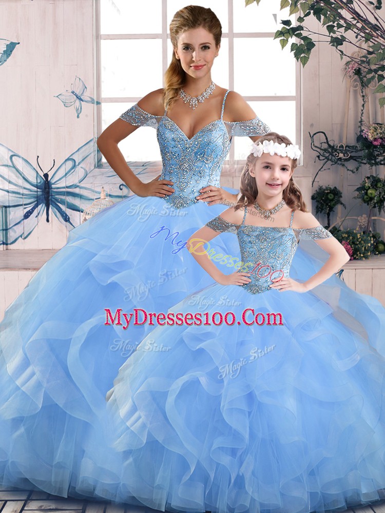 Blue 15th Birthday Dress Sweet 16 and Quinceanera with Beading and Ruffles Off The Shoulder Sleeveless Lace Up
