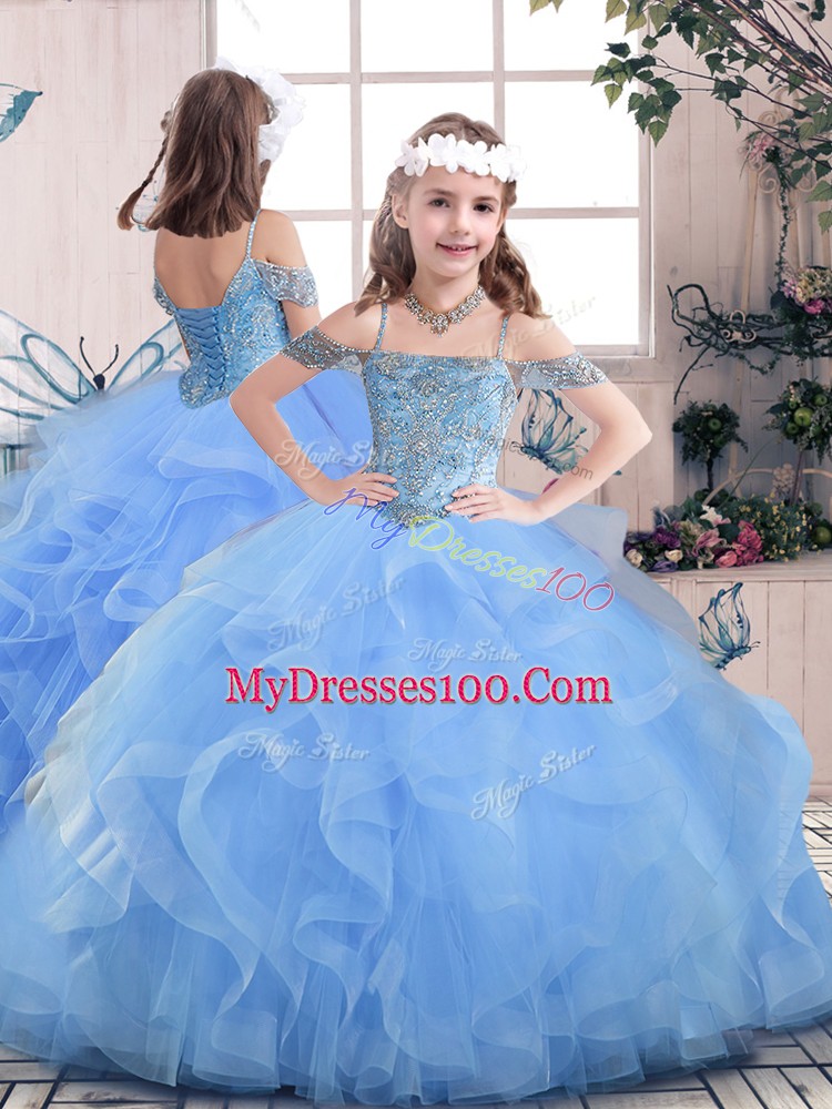 Blue 15th Birthday Dress Sweet 16 and Quinceanera with Beading and Ruffles Off The Shoulder Sleeveless Lace Up