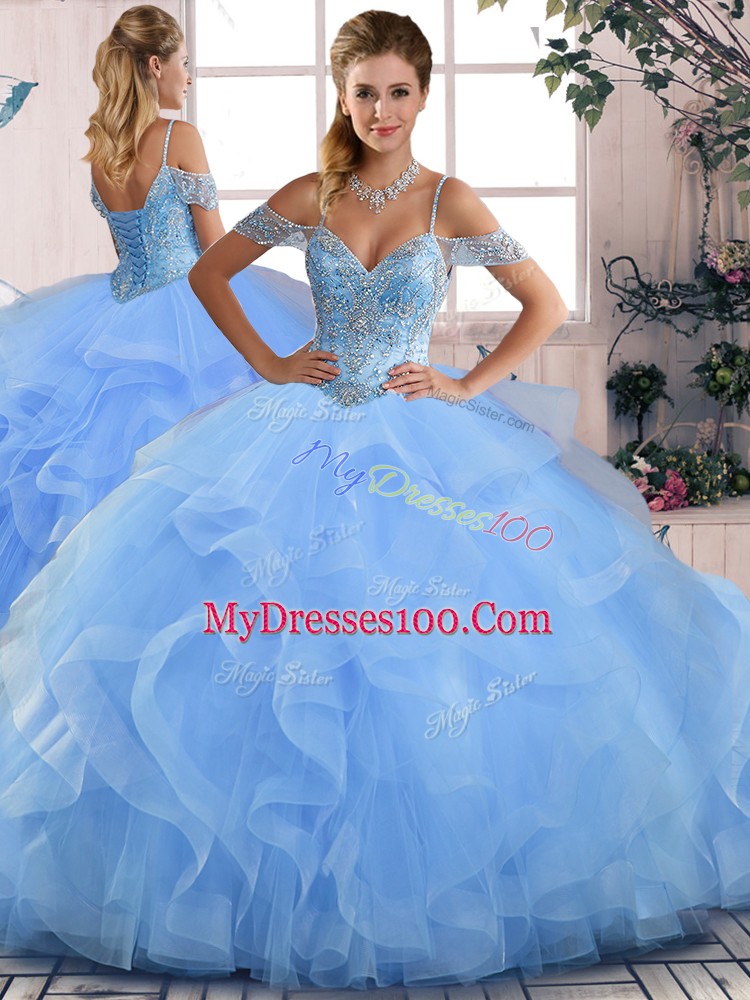 Blue 15th Birthday Dress Sweet 16 and Quinceanera with Beading and Ruffles Off The Shoulder Sleeveless Lace Up