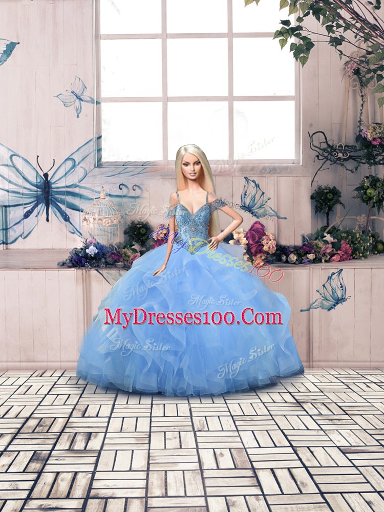Blue 15th Birthday Dress Sweet 16 and Quinceanera with Beading and Ruffles Off The Shoulder Sleeveless Lace Up