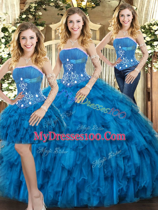 Sleeveless Tulle Floor Length Lace Up Sweet 16 Dress in Blue with Beading and Ruffles