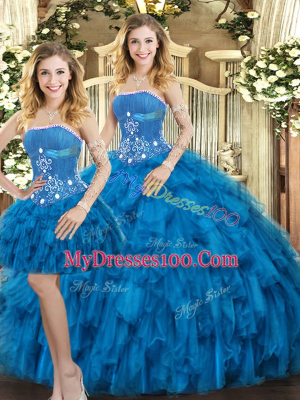 Sleeveless Tulle Floor Length Lace Up Sweet 16 Dress in Blue with Beading and Ruffles