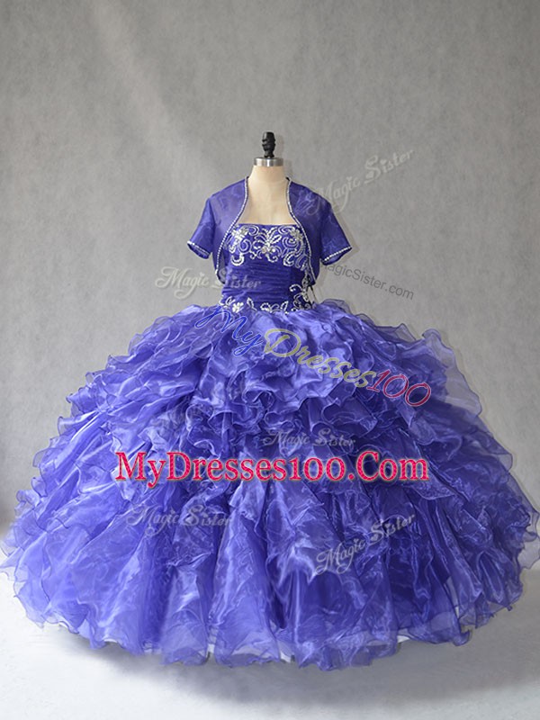 Stunning Blue Lace Up Strapless Beading and Ruffles 15 Quinceanera Dress Organza Sleeveless