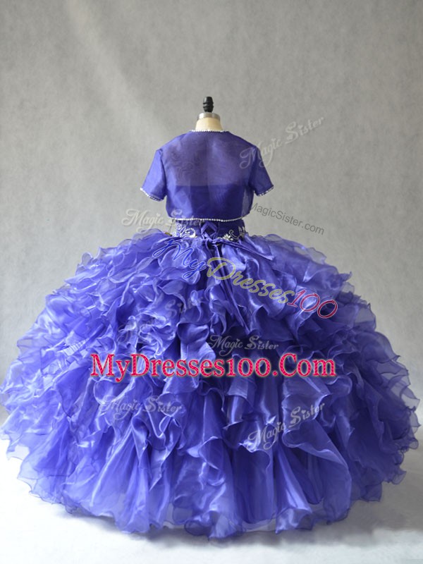 Stunning Blue Lace Up Strapless Beading and Ruffles 15 Quinceanera Dress Organza Sleeveless