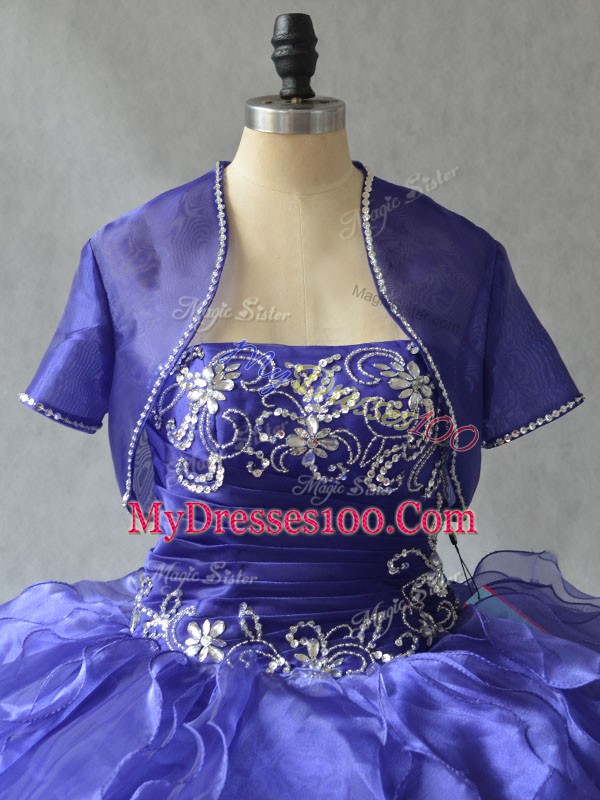 Stunning Blue Lace Up Strapless Beading and Ruffles 15 Quinceanera Dress Organza Sleeveless