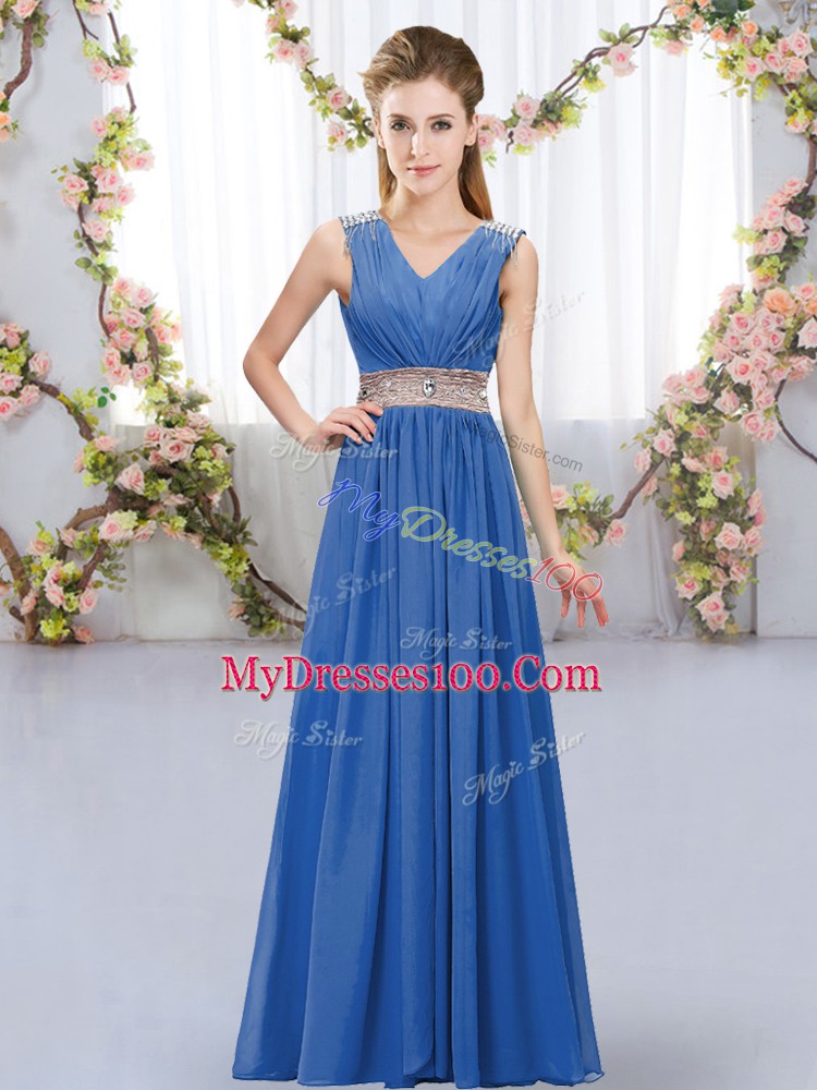 Blue Lace Up Dama Dress Beading and Belt Sleeveless Floor Length