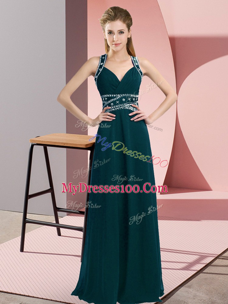 Suitable Peacock Green Empire Chiffon Straps Sleeveless Beading Floor Length Backless Prom Gown
