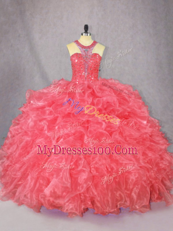 Decent Coral Red Sleeveless Beading and Ruffles Floor Length Vestidos de Quinceanera