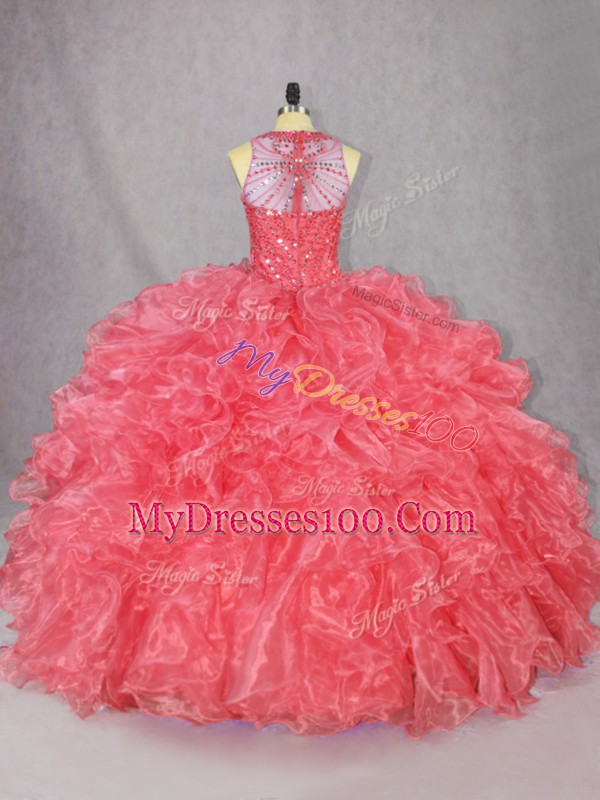 Decent Coral Red Sleeveless Beading and Ruffles Floor Length Vestidos de Quinceanera