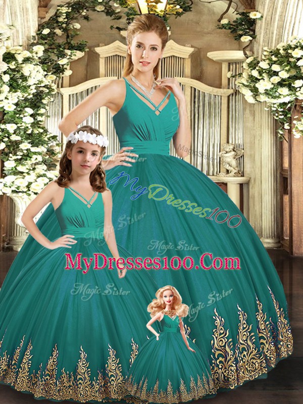 V-neck Sleeveless Sweet 16 Dress Floor Length Embroidery Turquoise Tulle
