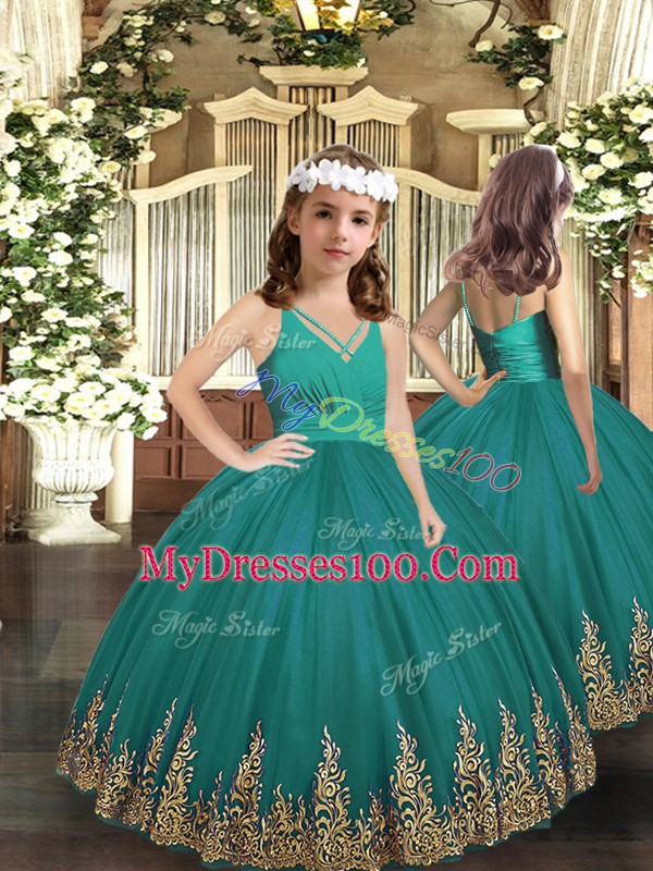 V-neck Sleeveless Sweet 16 Dress Floor Length Embroidery Turquoise Tulle