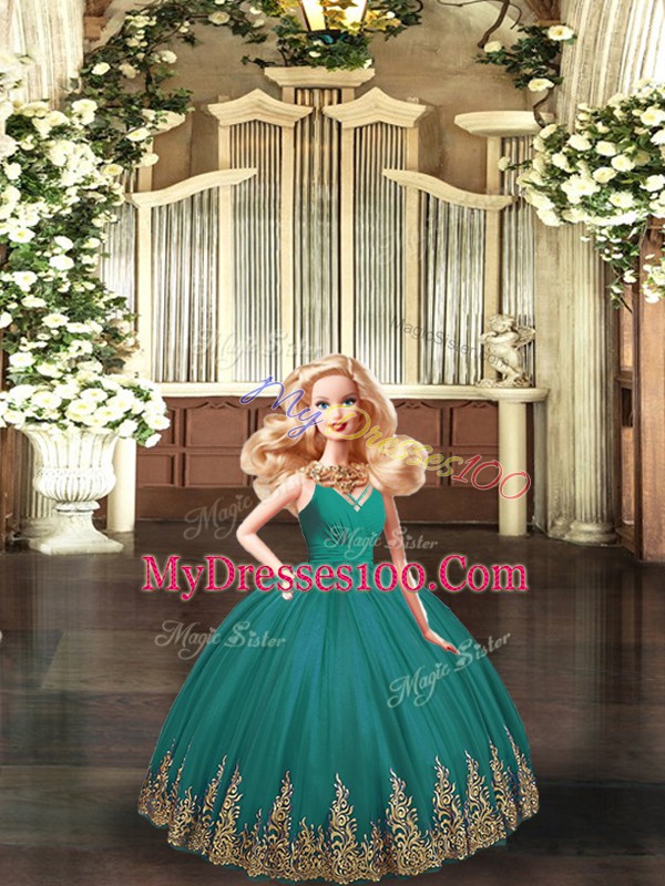V-neck Sleeveless Sweet 16 Dress Floor Length Embroidery Turquoise Tulle