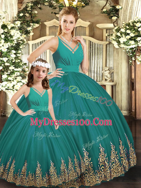 V-neck Sleeveless Sweet 16 Dress Floor Length Embroidery Turquoise Tulle