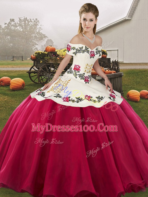 Hot Pink Ball Gowns Organza Off The Shoulder Sleeveless Embroidery Floor Length Lace Up Vestidos de Quinceanera