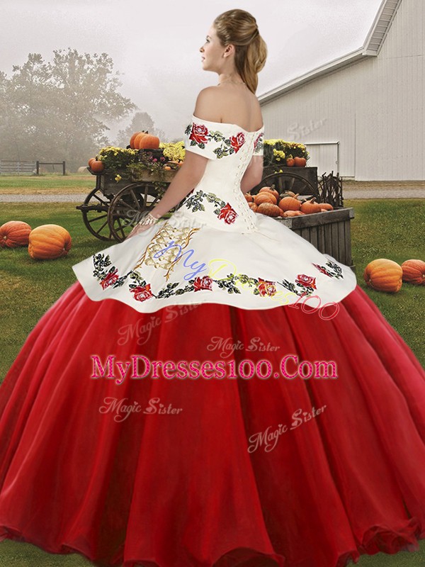 Hot Pink Ball Gowns Organza Off The Shoulder Sleeveless Embroidery Floor Length Lace Up Vestidos de Quinceanera
