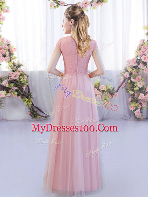 Exquisite Empire Wedding Guest Dresses Pink High-neck Tulle Cap Sleeves Floor Length Zipper