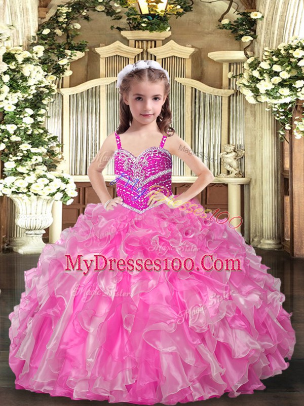 Rose Pink Ball Gowns Beading and Ruffles Pageant Gowns For Girls Lace Up Organza Sleeveless Floor Length