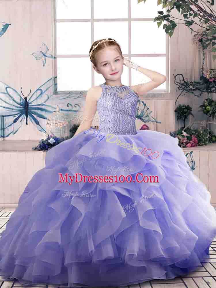 Beading and Ruffles Little Girls Pageant Dress Wholesale Lavender Zipper Sleeveless Floor Length
