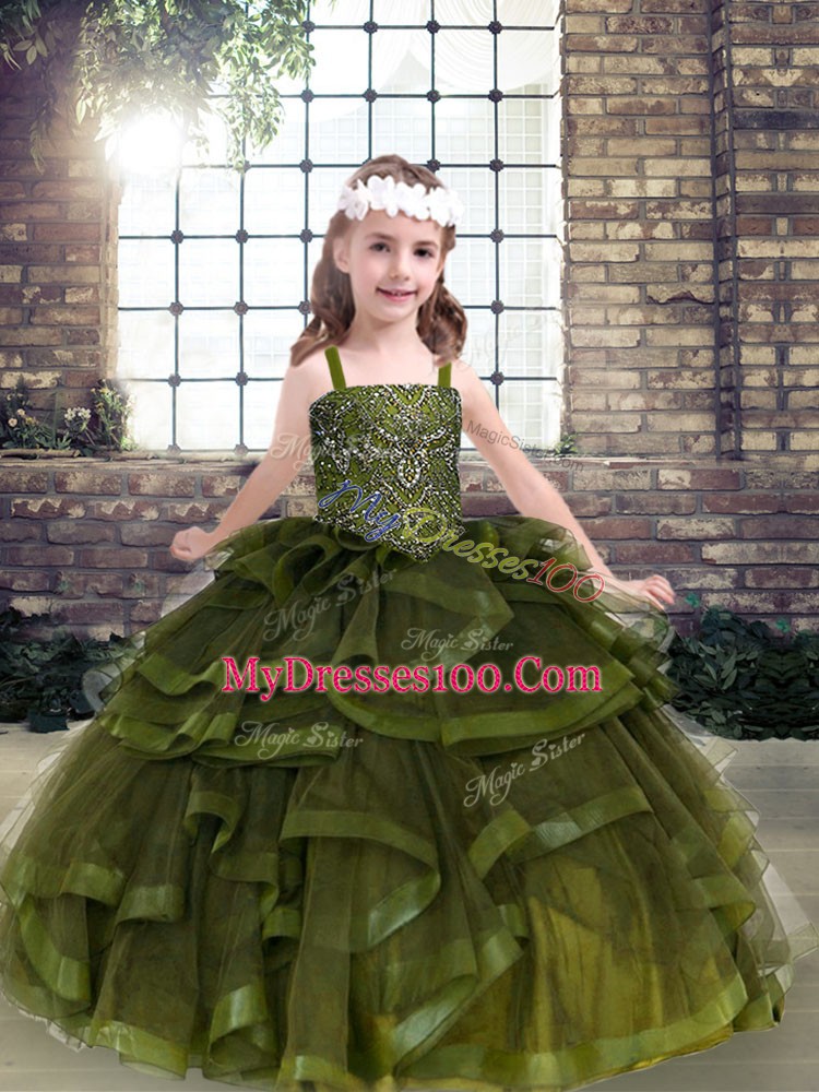 Discount Floor Length Lace Up Pageant Dress Toddler Olive Green for Party and Wedding Party with Beading and Ruffles