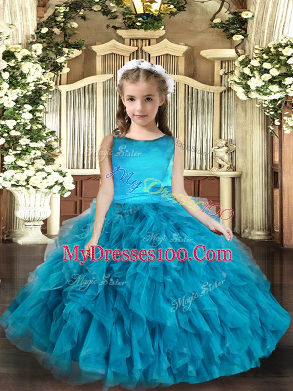 Perfect Blue Sleeveless Tulle Lace Up Little Girl Pageant Dress for Party and Wedding Party