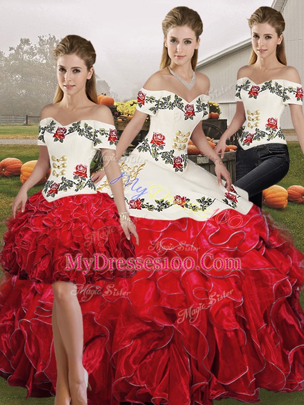 Graceful White And Red Sleeveless Floor Length Embroidery and Ruffles Lace Up Sweet 16 Dress