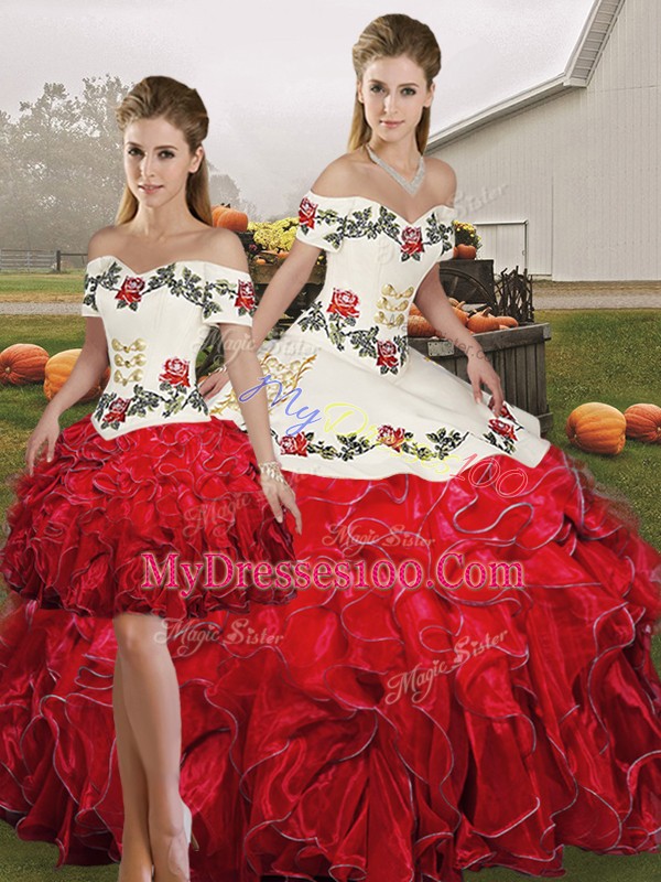 Graceful White And Red Sleeveless Floor Length Embroidery and Ruffles Lace Up Sweet 16 Dress