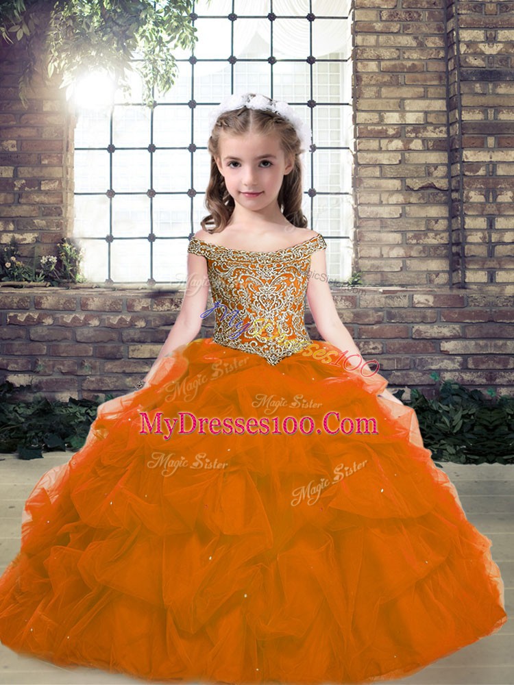 Orange Red Ball Gowns Beading Kids Pageant Dress Lace Up Organza Sleeveless Floor Length