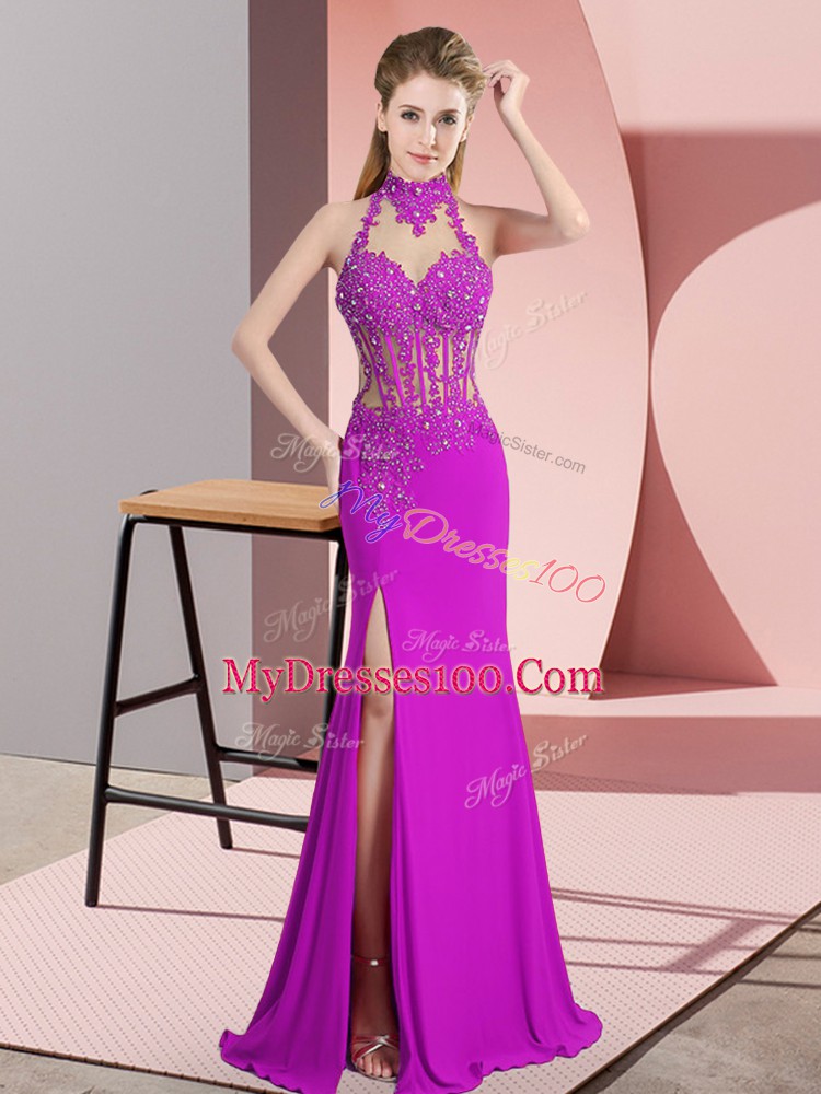 Fuchsia Chiffon Backless Halter Top Sleeveless Floor Length Prom Gown Lace and Appliques