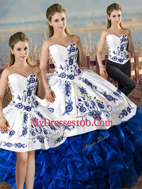 Ideal Blue And White Sleeveless Embroidery and Ruffles Floor Length Sweet 16 Dresses