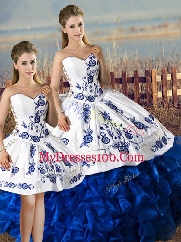 Ideal Blue And White Sleeveless Embroidery and Ruffles Floor Length Sweet 16 Dresses