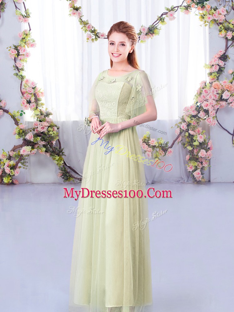 Floor Length Yellow Green Bridesmaid Gown Tulle Short Sleeves Lace and Belt