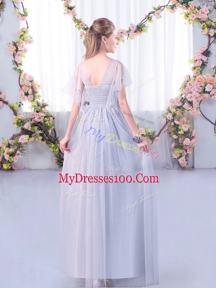 Floor Length Yellow Green Bridesmaid Gown Tulle Short Sleeves Lace and Belt