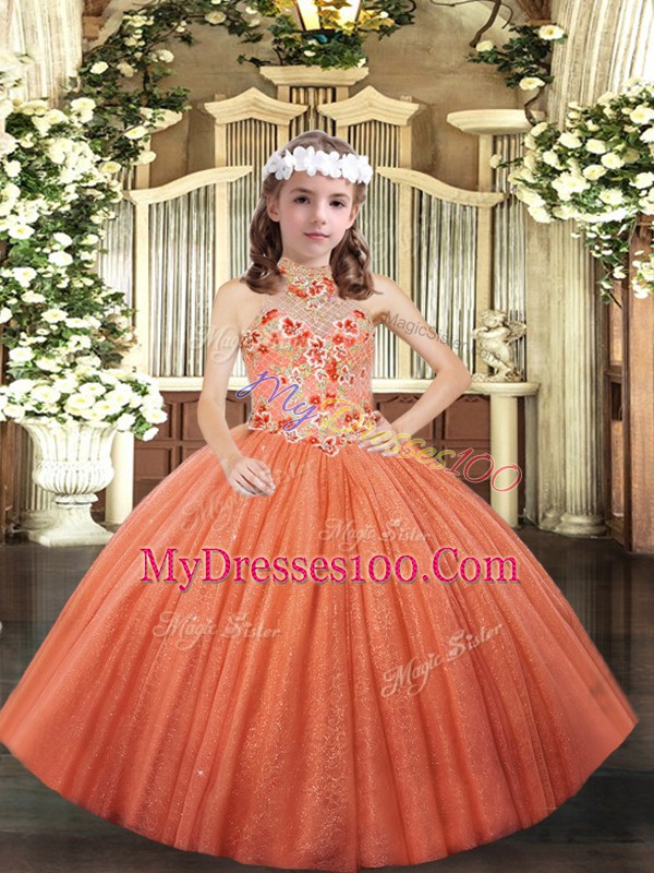 Ball Gowns Little Girl Pageant Gowns Orange Halter Top Tulle Sleeveless Floor Length Lace Up
