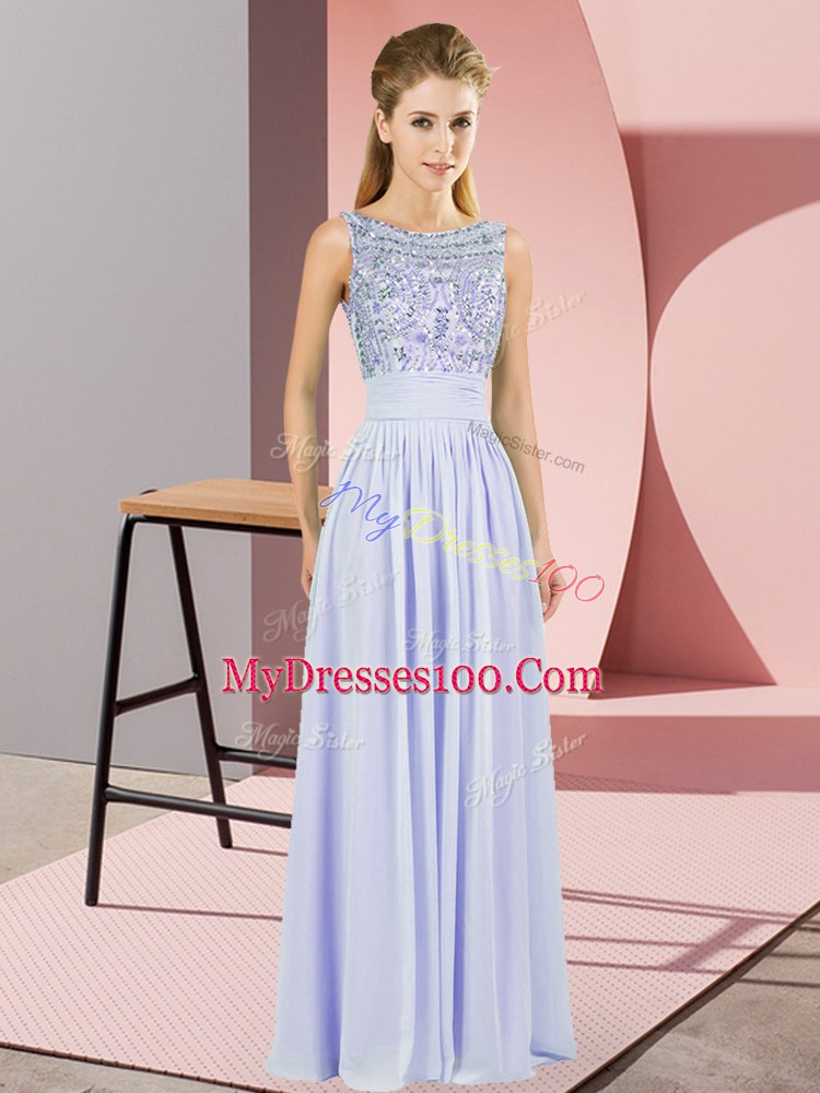Popular Lavender Backless Dress for Prom Beading Sleeveless Floor Length